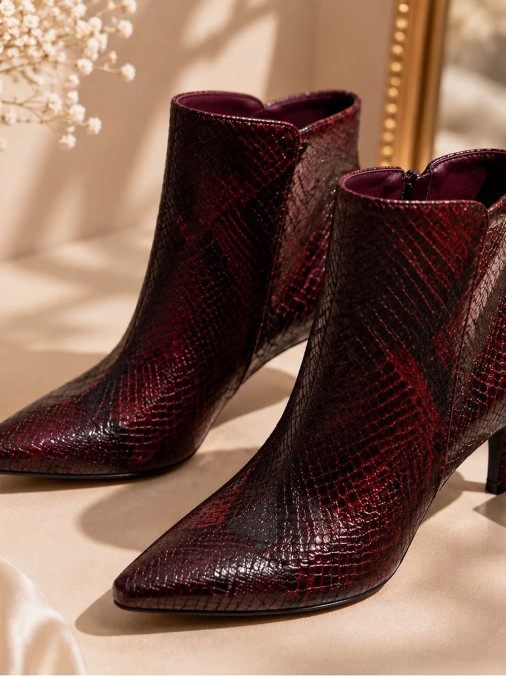 Zigi Soho Burgundy Snake-Effect Pointed Ankle Boots